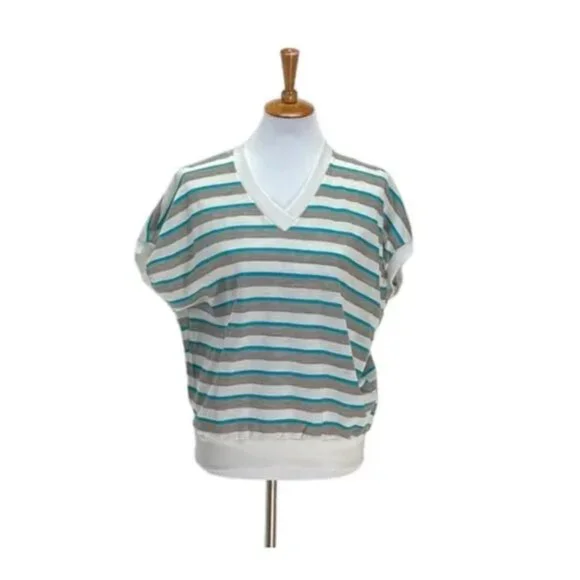 NWT Ginnis Girl Adorable Vintage Knit Top Sz L Off White Teal Beige Striped - Picture 1 of 5